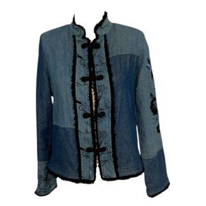 Vintage Studio G Sport Denim Jacket Butterfly Embroidered Frog Closure Boho USA
